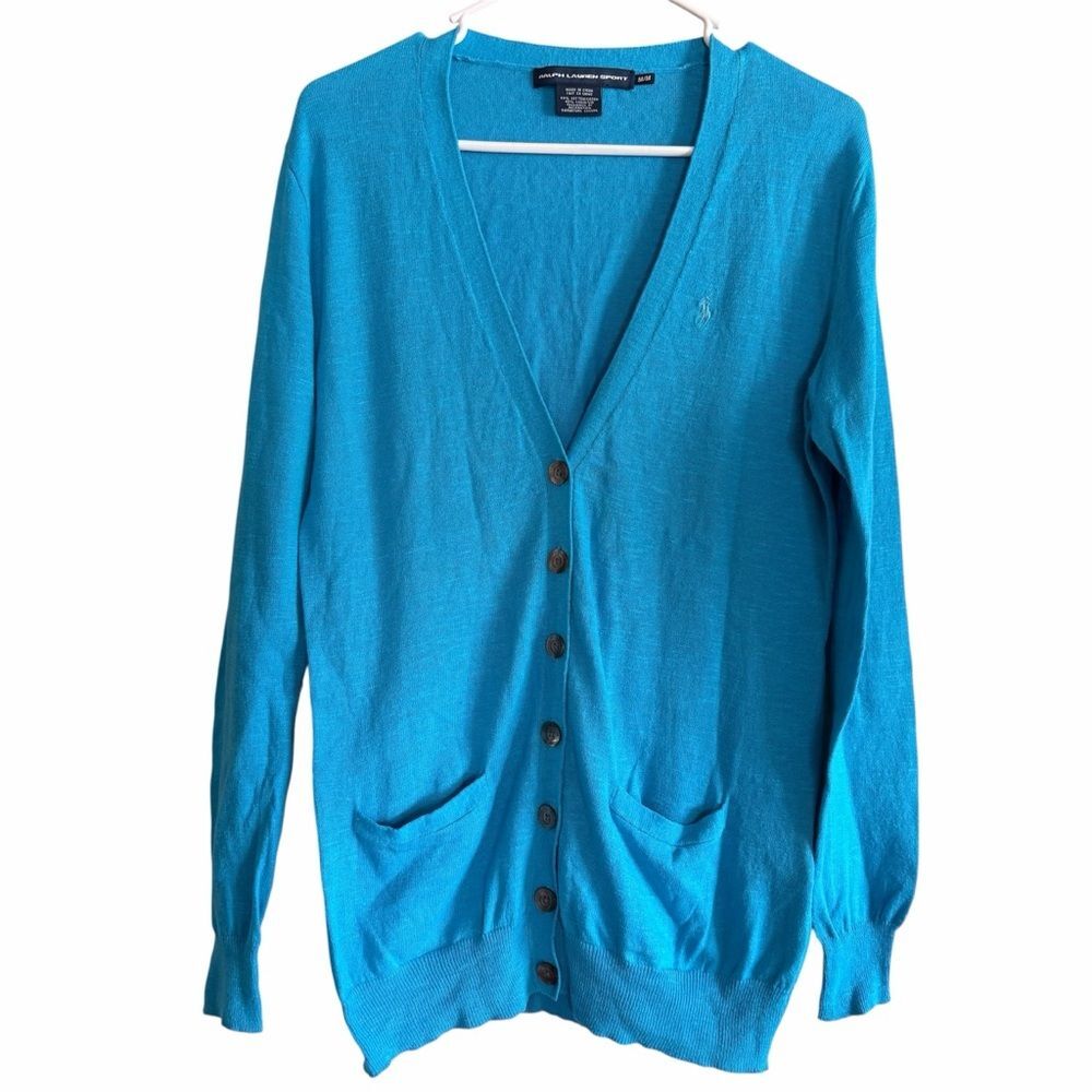 Ralph Lauren Sport Cotton Linen Teal Blue Pony Button Front Cardigan Sweater M